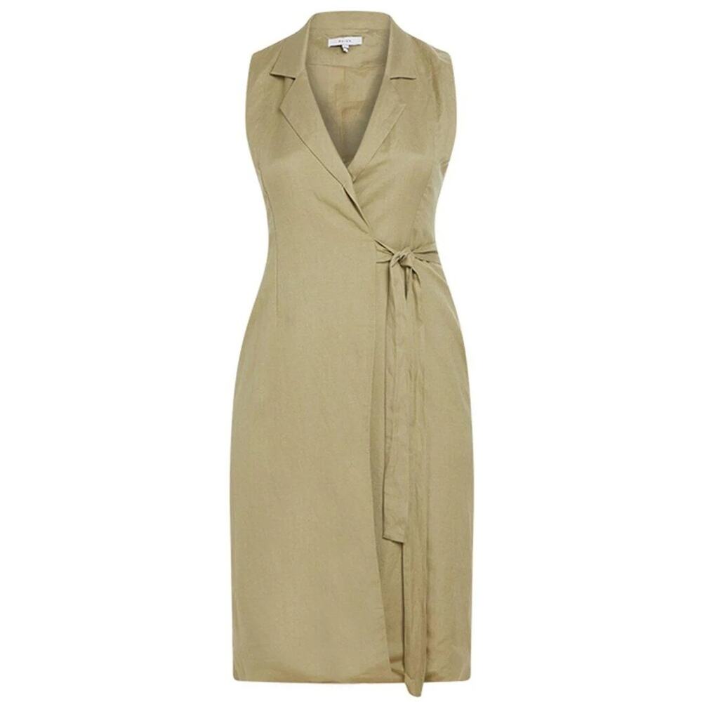 Reiss Neutral Green Natural Linen Blend Structured Notch Collar Wrap Midi Dress